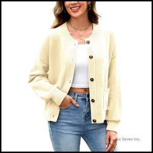 Cropped Button Down Cardigan Sweater with Pockets Comfy Knit Fall Outerwear